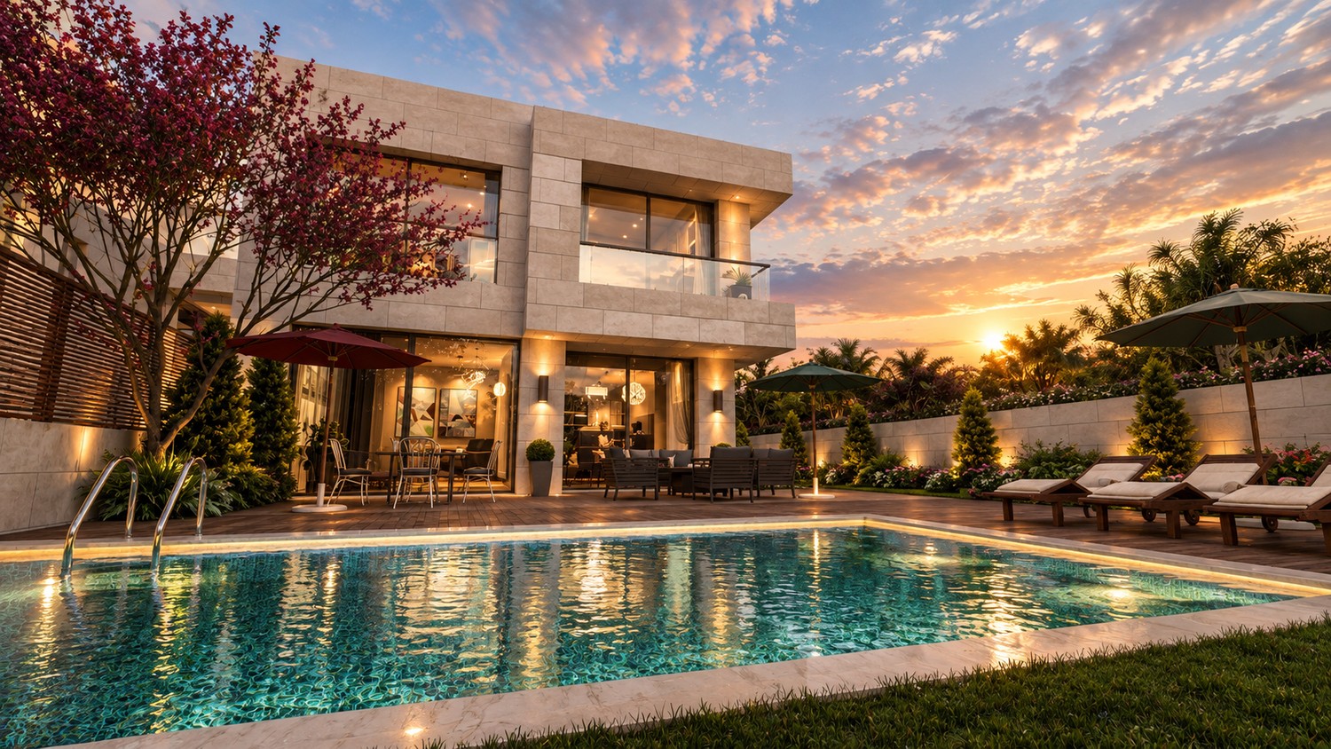 The pool terrace of a Hima villa at sunset