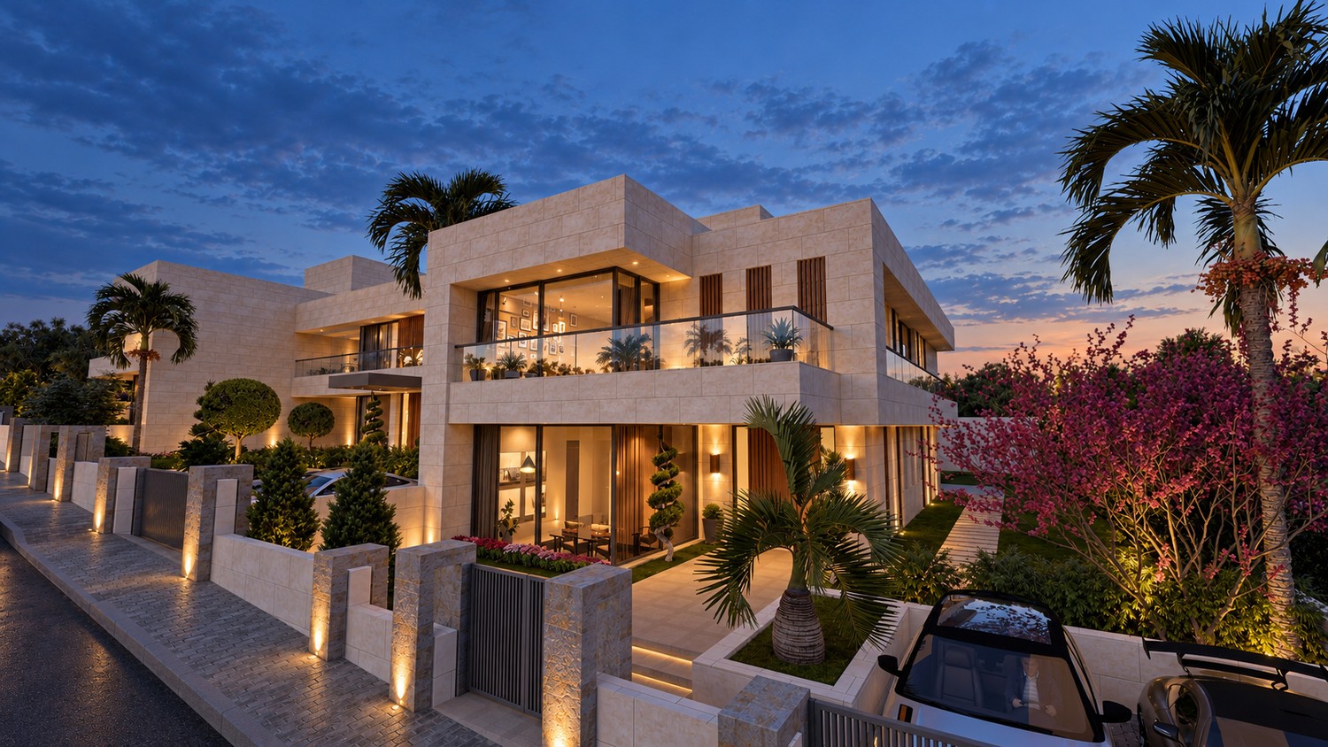 A Hima villa lit at dusk