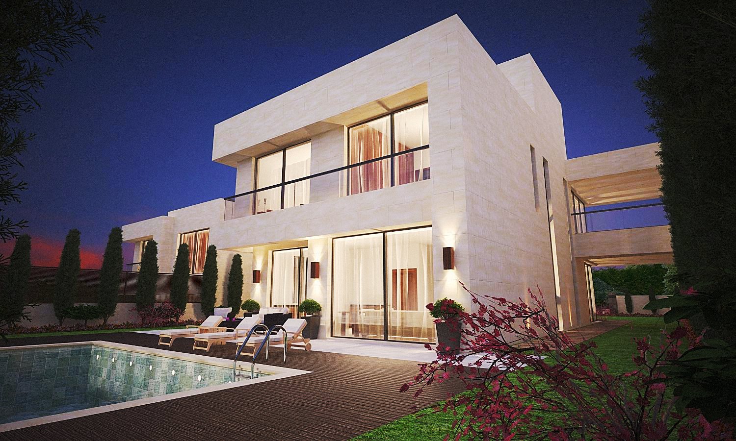 Villa A, the right-hand end residence, at dusk